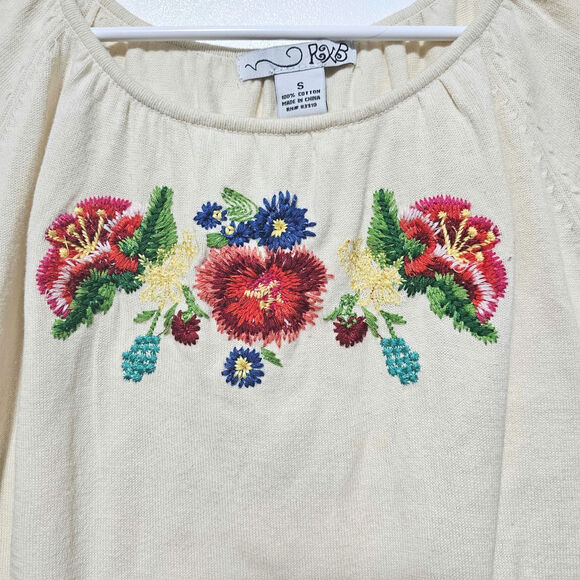 RXB Blouse Embroidered Floral Ivory Knitted Cotton Women's Size Small - Picture 3 of 5